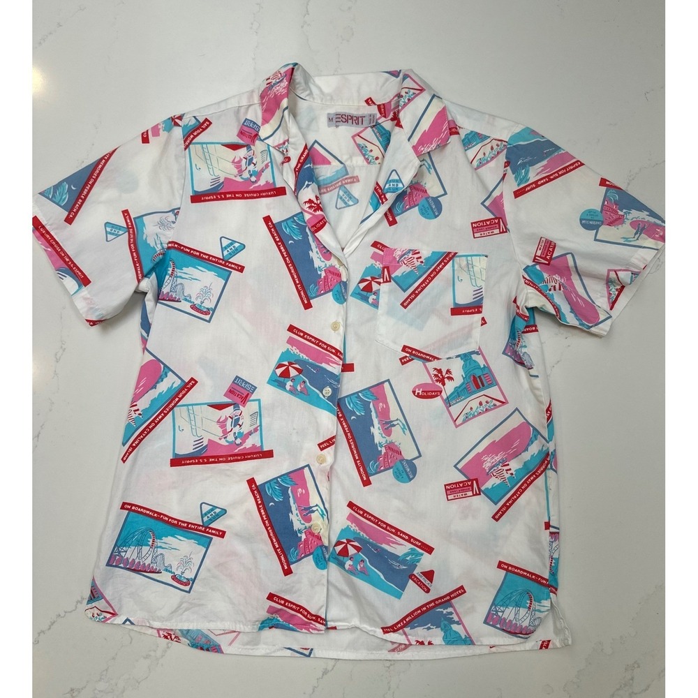 80's Vintage Esprit SS Vacation Postcard Print Button Down Retro Bold Novelty